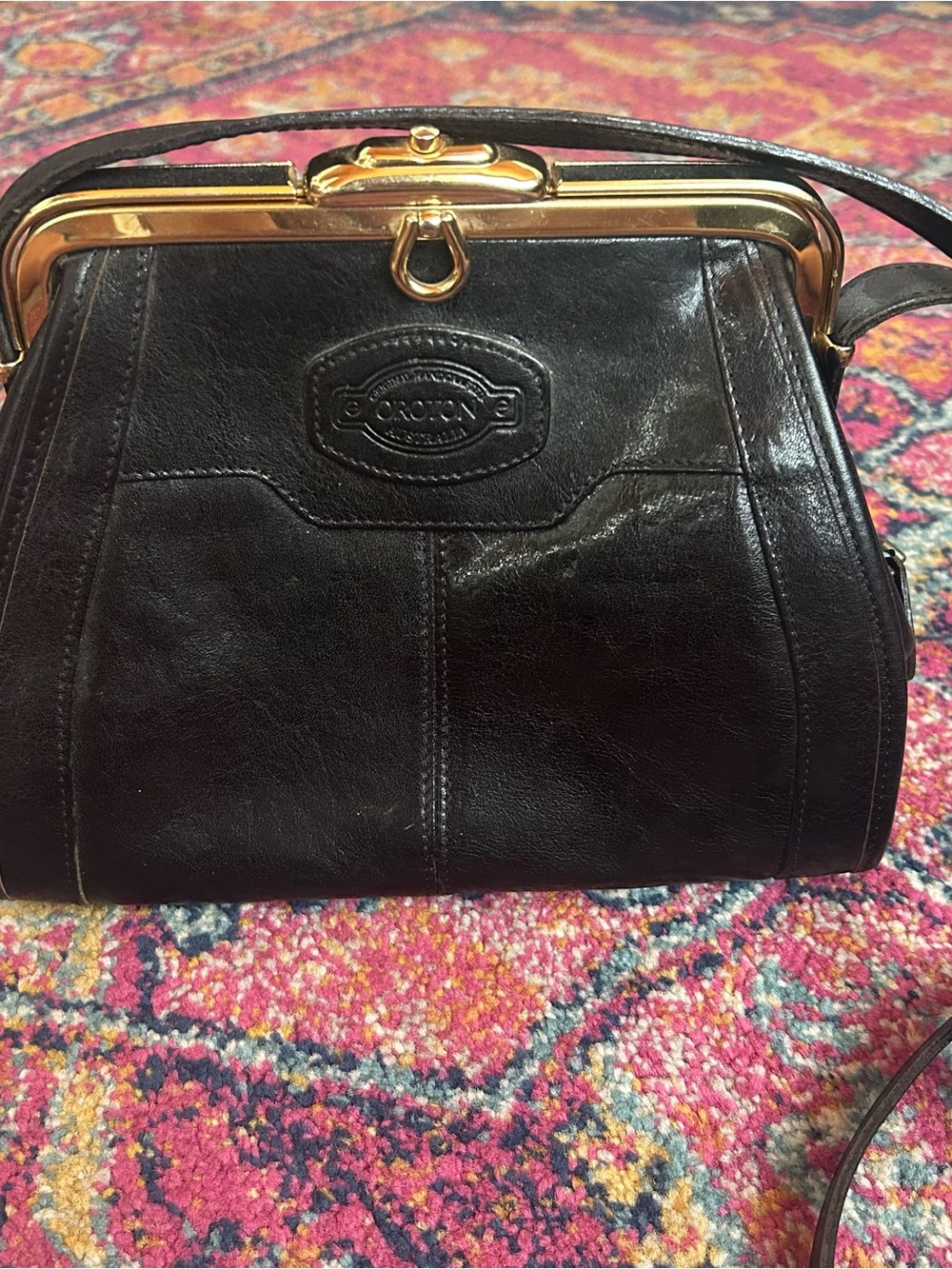 Vintage Oroton Black Leather Crossbody with Gold Frame Accent